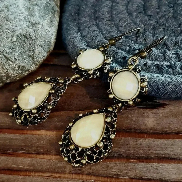 Modern Victorian Style Antique Brass Teardrop Cabochon Earrings - Picture 1 of 7